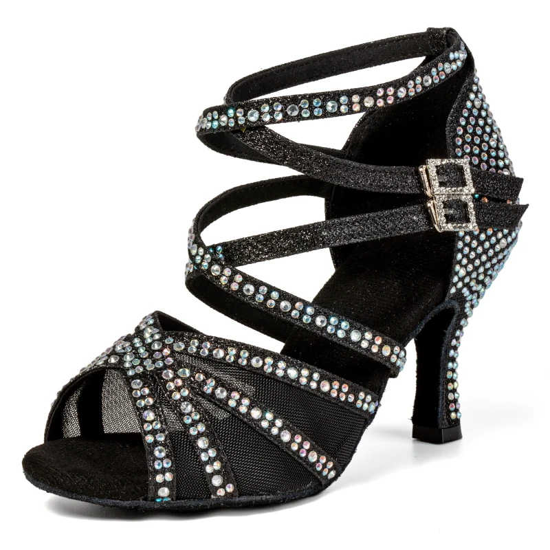 Sepatu Dansa Latin 2025 Sepatu Dansa Bersol Lembut Bertabur Berlian Hitam 7.5Cm Hak Sedang Wanita Dewasa Baru