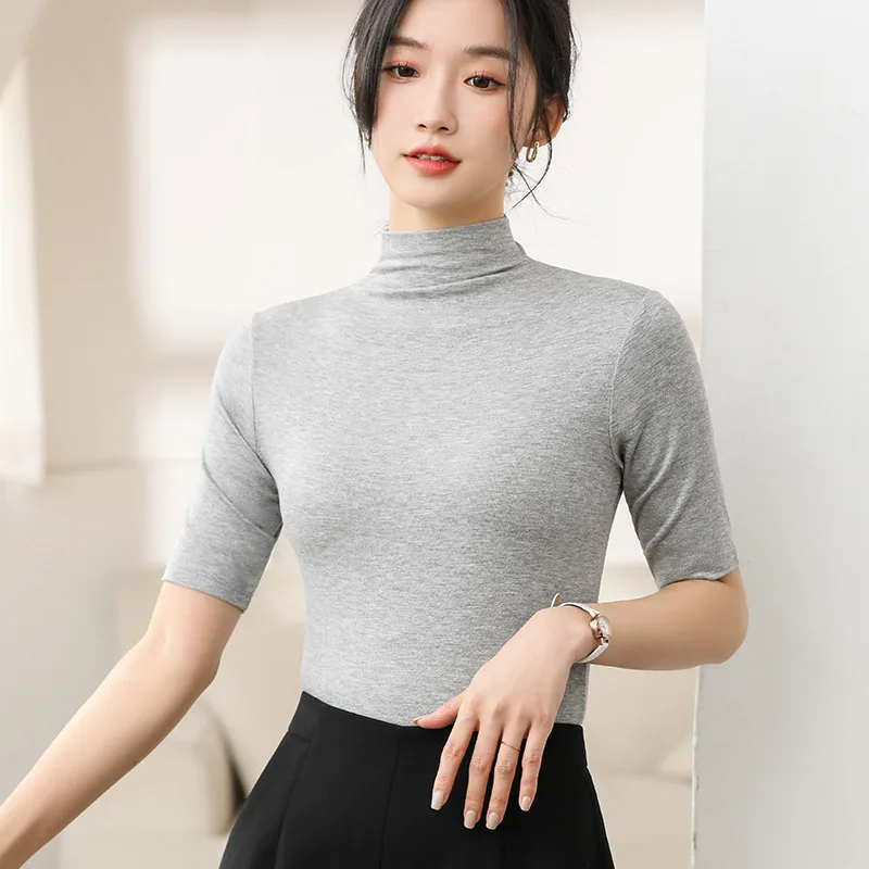 Half Turtleneck Milk Silk Tops Women Short Sleeve Slim T-Shirt Solid Color Basic Trend Bottoming Shirt High Street Women Blouse