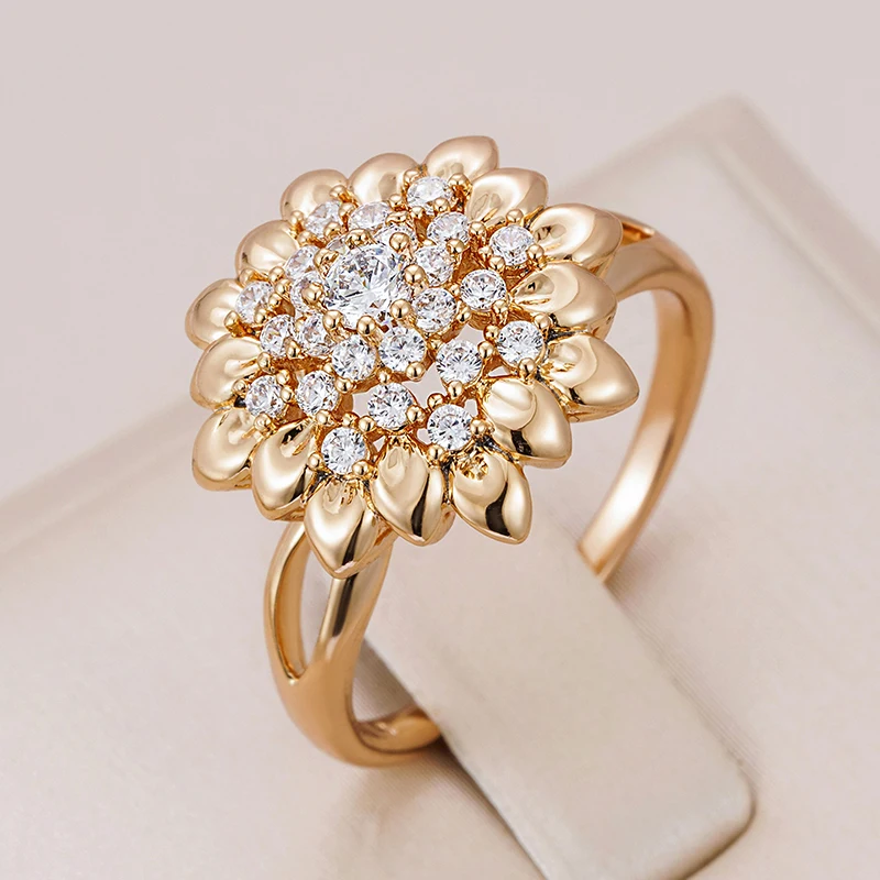 Wbmqda Full Zircon 585 Rose Gold Color Crystal Sun Flower Rings For Women  Luxury Retro Jewelry Daily Match Fine Accessories