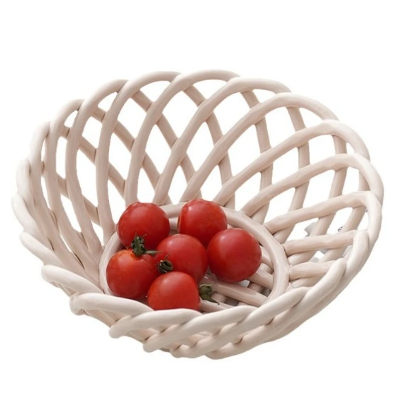 سلة فواكه منسوجة يدويًا من السيراميك، ديكور منزلي من السيراميك المجوف، طاولة طعام لغرفة المعيشة، وجبات خفيفة من الفاكهة، سلة تخزين الخبز #5