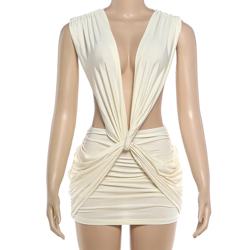 Robe mini moulante unie à torsades croisées et fronces pour femme, sexy, col en V profond, sans manches, dos nu, style hipster, tenue de soirée et de club