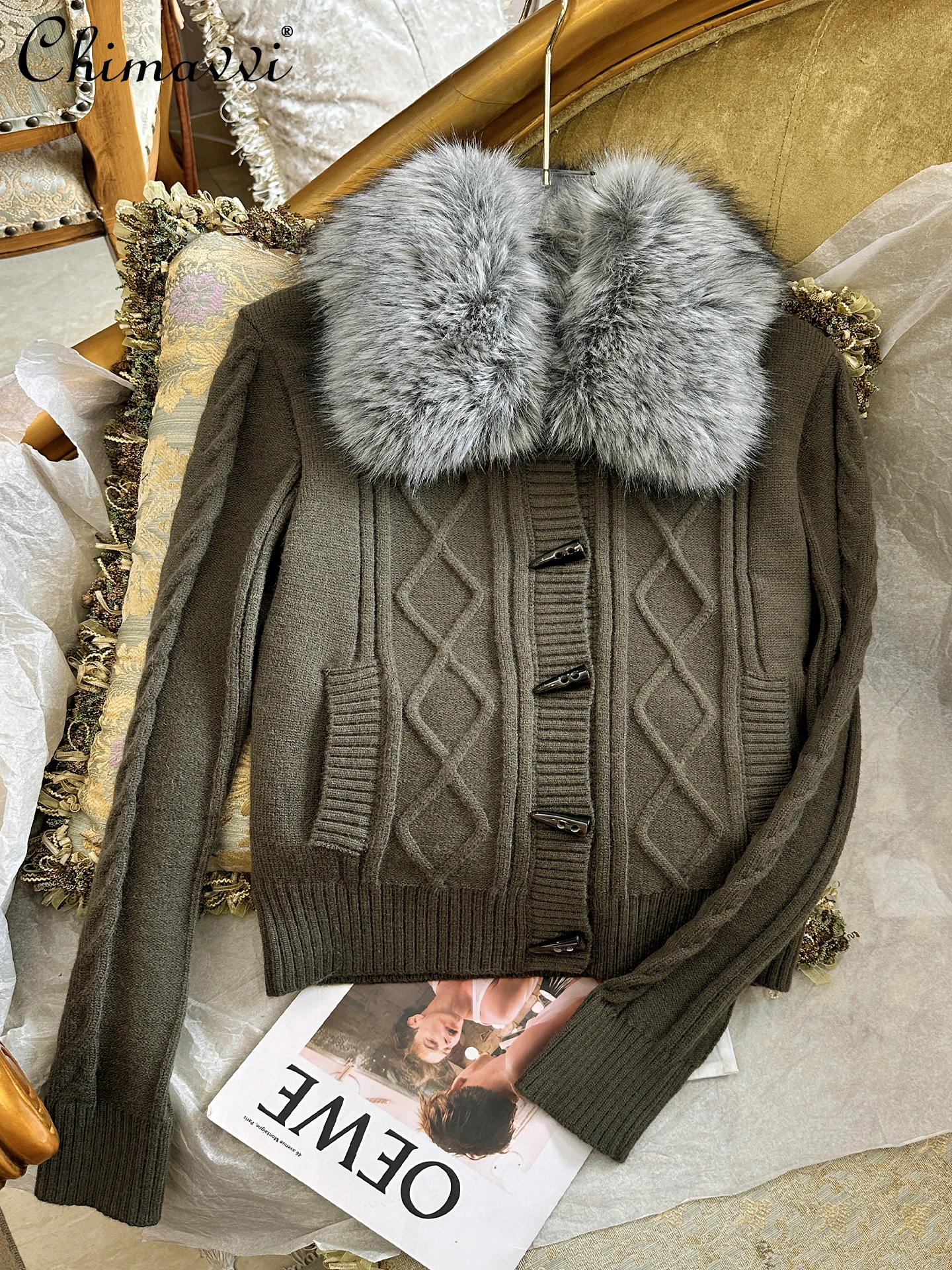 

Christmas Fur Collar Sweater Women Autumn Winter New Fashion Retro Cable Knit Horn Button Korean Style Short Cardigan Coat