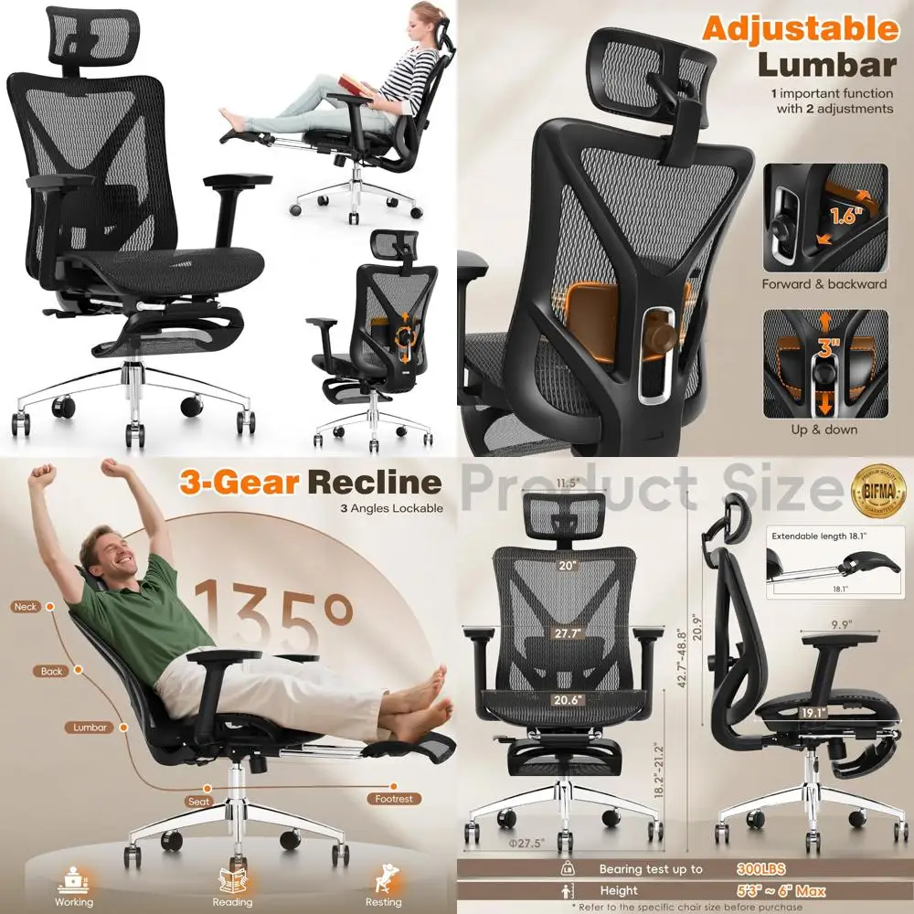 

Ergonomic Office Chair with Adjustable Lumbar Support, 3D Armrests, Headrest, 135° Recline and Footrest