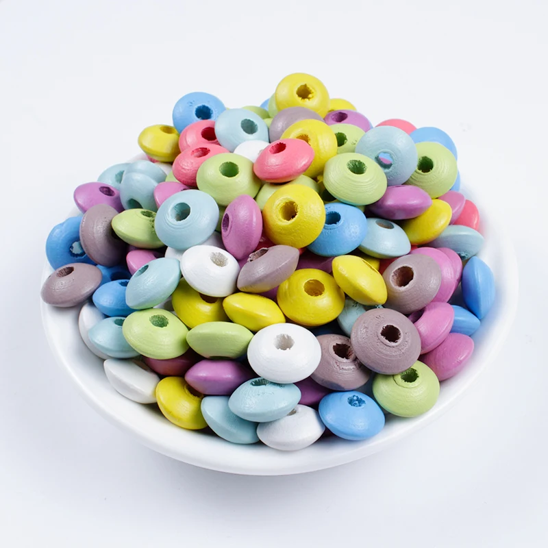 100Pcs 12Mm Cartoon Solid Candy Color Flat Round Ufo Shaped Natural Wooden Spacer Loose Beads for Jewelry Making Findings