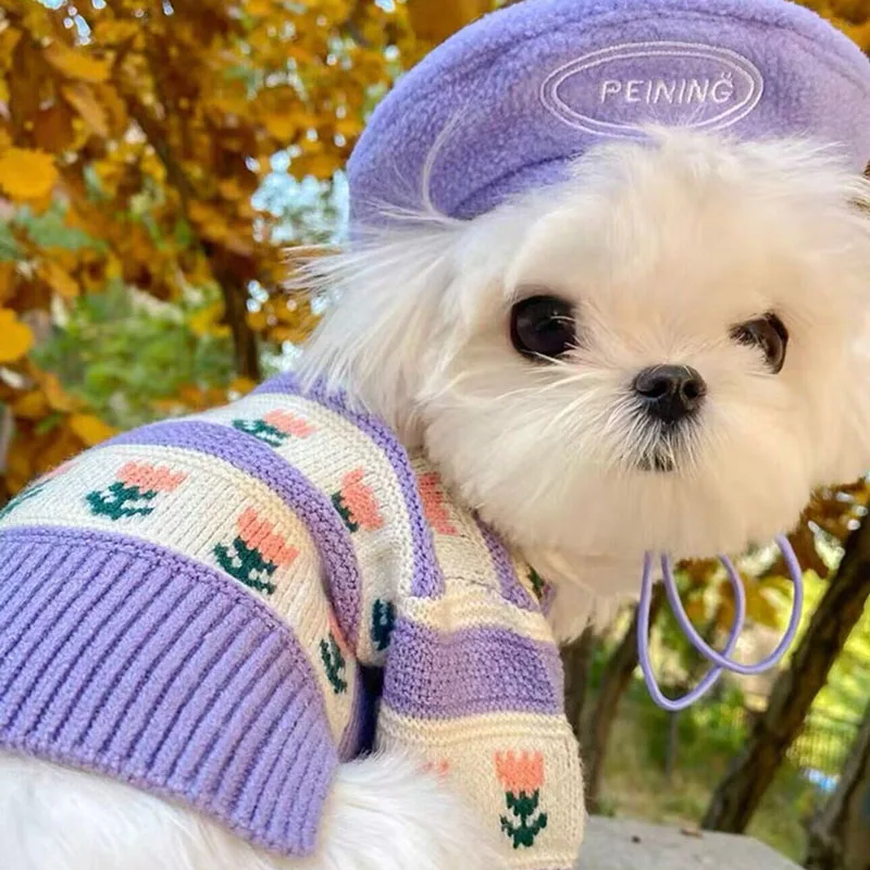 

Pretty Flower Pet Sweater Winter Puppy Warm Clothes Bichon Frise Teddy Two Legs Clothes Maltese Soft Cardigan