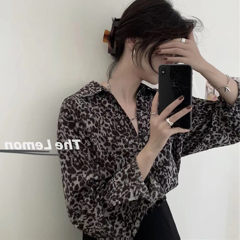 Retro Hong Kong Sle Women's Loose Leopard Print irt Spring Autumn New Faion Slimming Trendy  Collar Button up