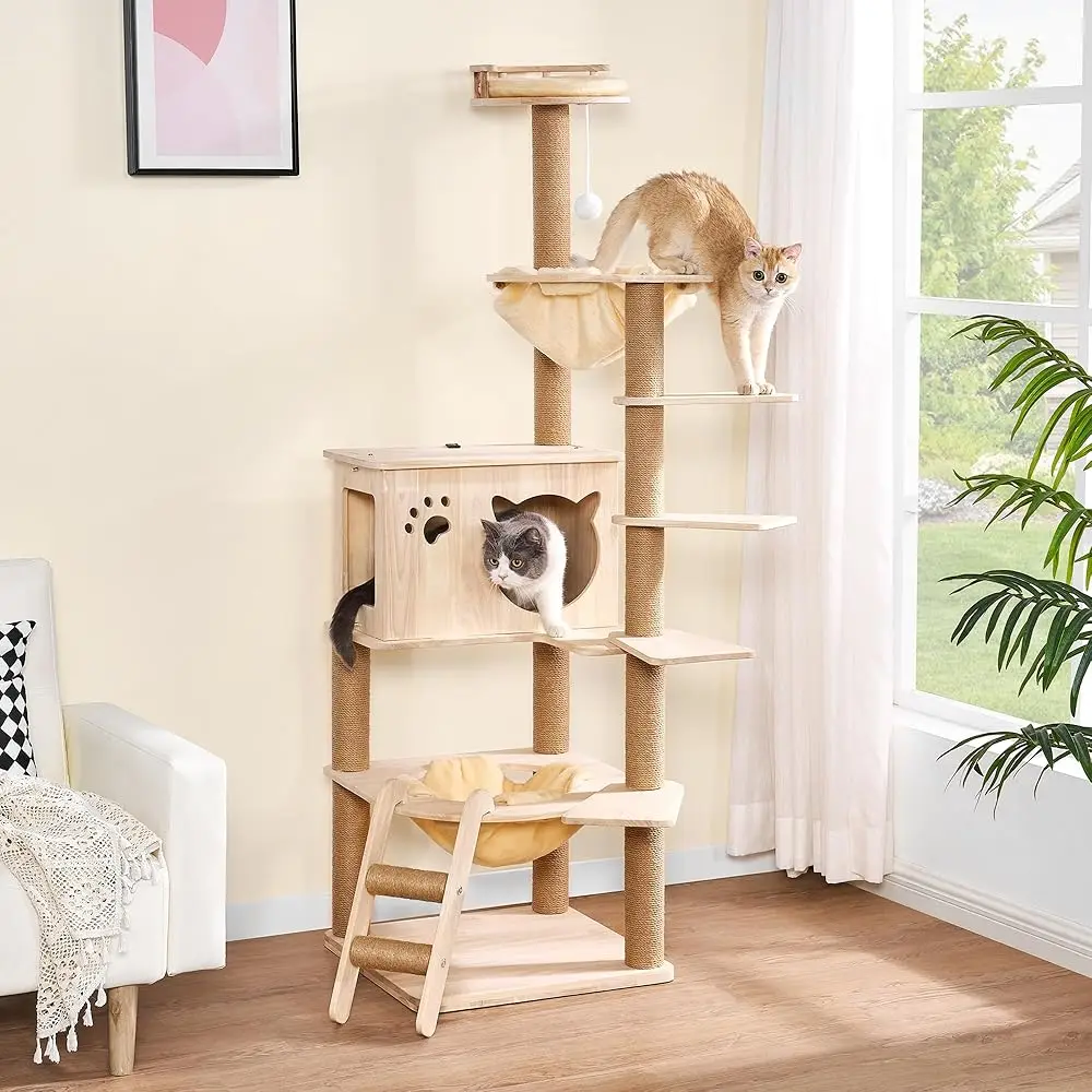 

Wood Cat Tree For Indoor Cats Large Adult, Cat Tower With 2 Hammocks,Sisal Scratching Post,Multi-Level,Washable Removable