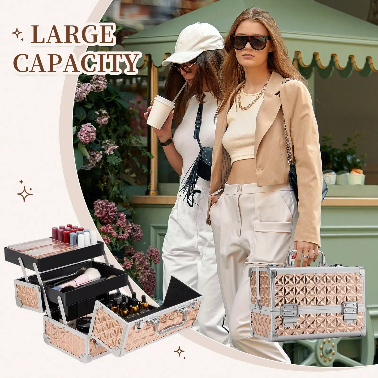 Makeup Train Case, Cosmetic Box, Portable Makeup Case Organizer 2 Trays Makeup Storage For Cosmetologist Aesthetic Supplies Nail Tech Traveling Makeup Box - view 6