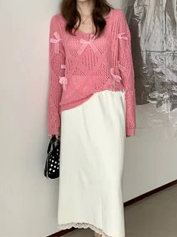 

Spring 2025 Women's Casual Sle Loose Fit Knitted Cardigan Long Sve Hollow out Knot Versatile ort Length Top