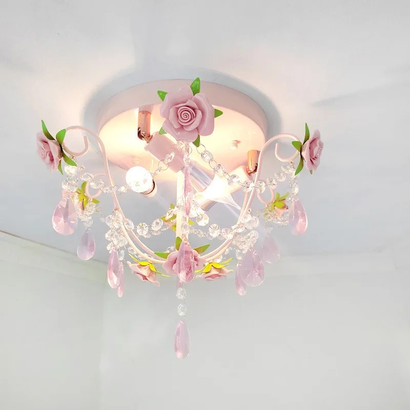 Pink pastoral bedroom crystal ceiling light warm rose lighting