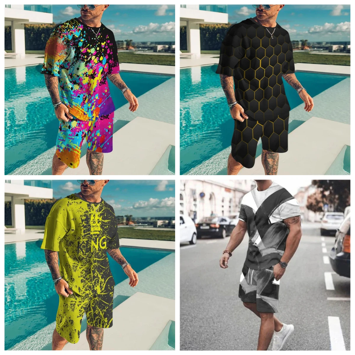 

25-26 летний хит продаж, модный тренд, роскошный костюм с 3D принтом, американская уличная дышащая быстросохнущая футболка, комплект с шортами