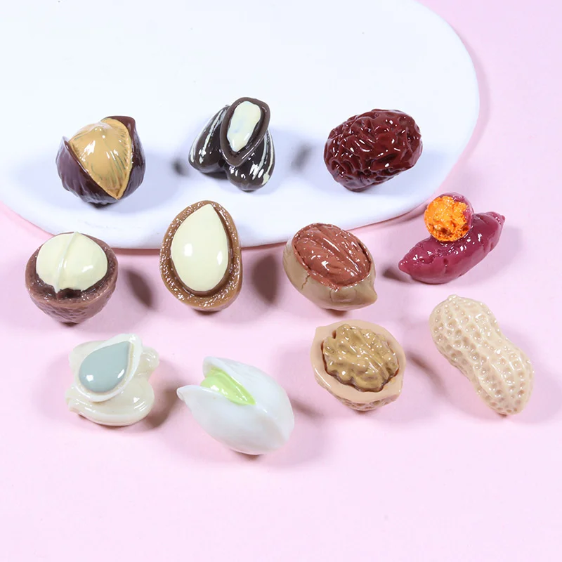 10Pcs Simulation Nut Series Resin Ornaments Cute Almond Peanut Walnut Fake Food Decor Cabochon Scrapbooking Accessory DIY Crafts