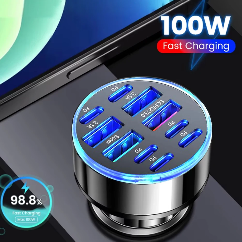 100W 10 Ports Car Charger Fast Charging PD QC3.0 USB C Car Phone Charger Type C Adapter in Car For iPhone Samsung Huawei Xiaomi