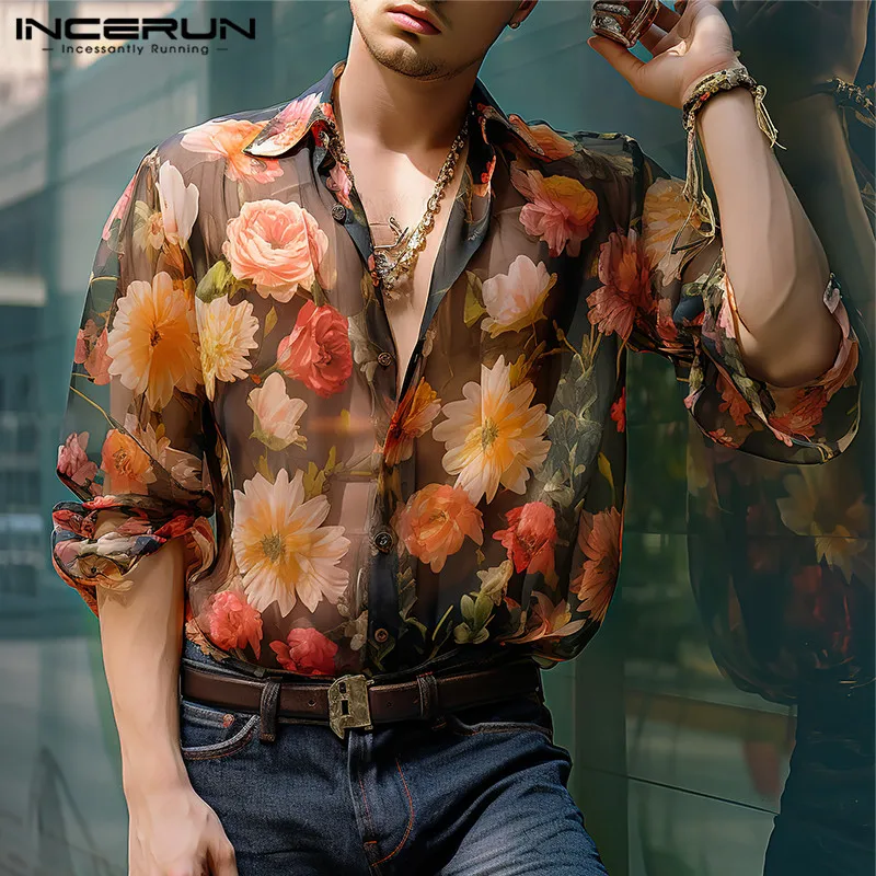 

INCERUN Tops 2024 American Style Men's Floral Printed Pattern Perspective Shirts Fashion Hot Sale Thin Long Sleeved Blouse S-5XL