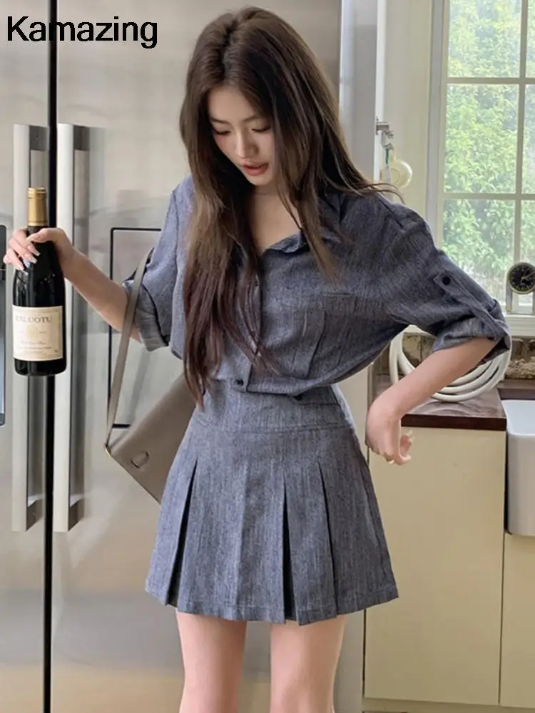 Women Fashion Solid Pleated 2 Piece Suit Korean Casual Single-Breasted Shirt A-Line Mini Skirt Set Female Summer Outfits Clothes