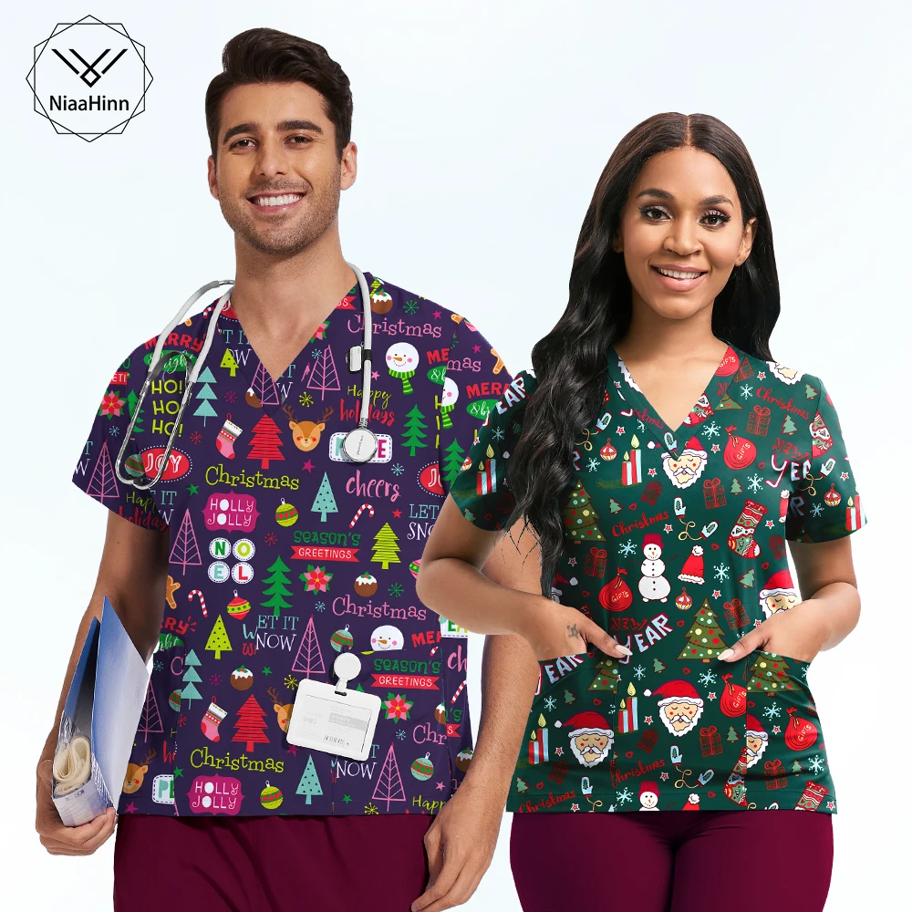 

Унисекс Скрабы Униформа Женская Рождественская Элементальный Принт Здравоохранение Мужской Скраб Мода с Карманами С короткими Рукавами Униформа Медсестры Топы