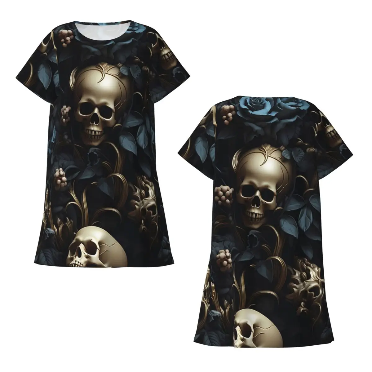Horror Gothic Skeleton Death Skull Short Sleeves Nightdress Sleeping Sleepshirts Women Nightgowns Loose Pajama Dress