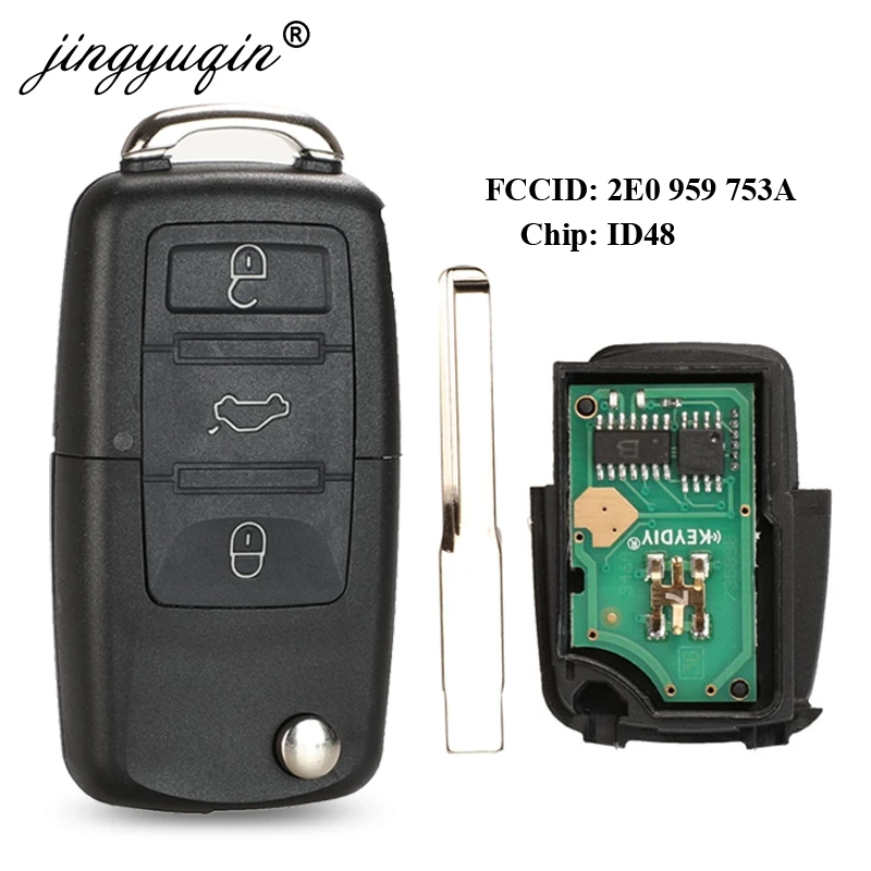 

jingyuqin 434Mhz ID48 Remote Flip Key DIY for VW/VOLKSWAGEN Crafter 2E0959753A 3 Buttons Keys Fob Control Replacement