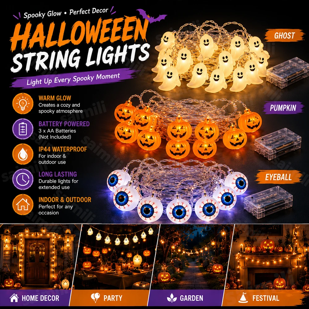 Halloween LED String Lights Pumpkin Ghost Eyeball Spooky Waterproof Battery Powered For Garden Outdoor Home Holiday Party Decor