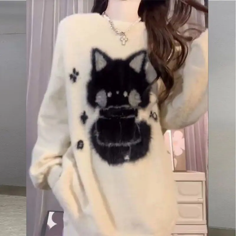 

Fufu Water Beaver Cat Plaid Design Милый и милый осенне-зимний свитер Свободный и ленивый вязаный топ