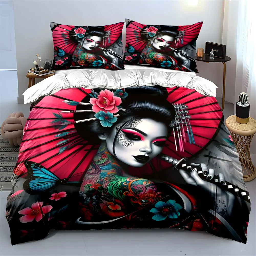 Geisha Art Prints Set Decor Soft Comfortable Duvet Cover Bedding Set Included 1*Duvet Cover & 2*Pillowcases, gift