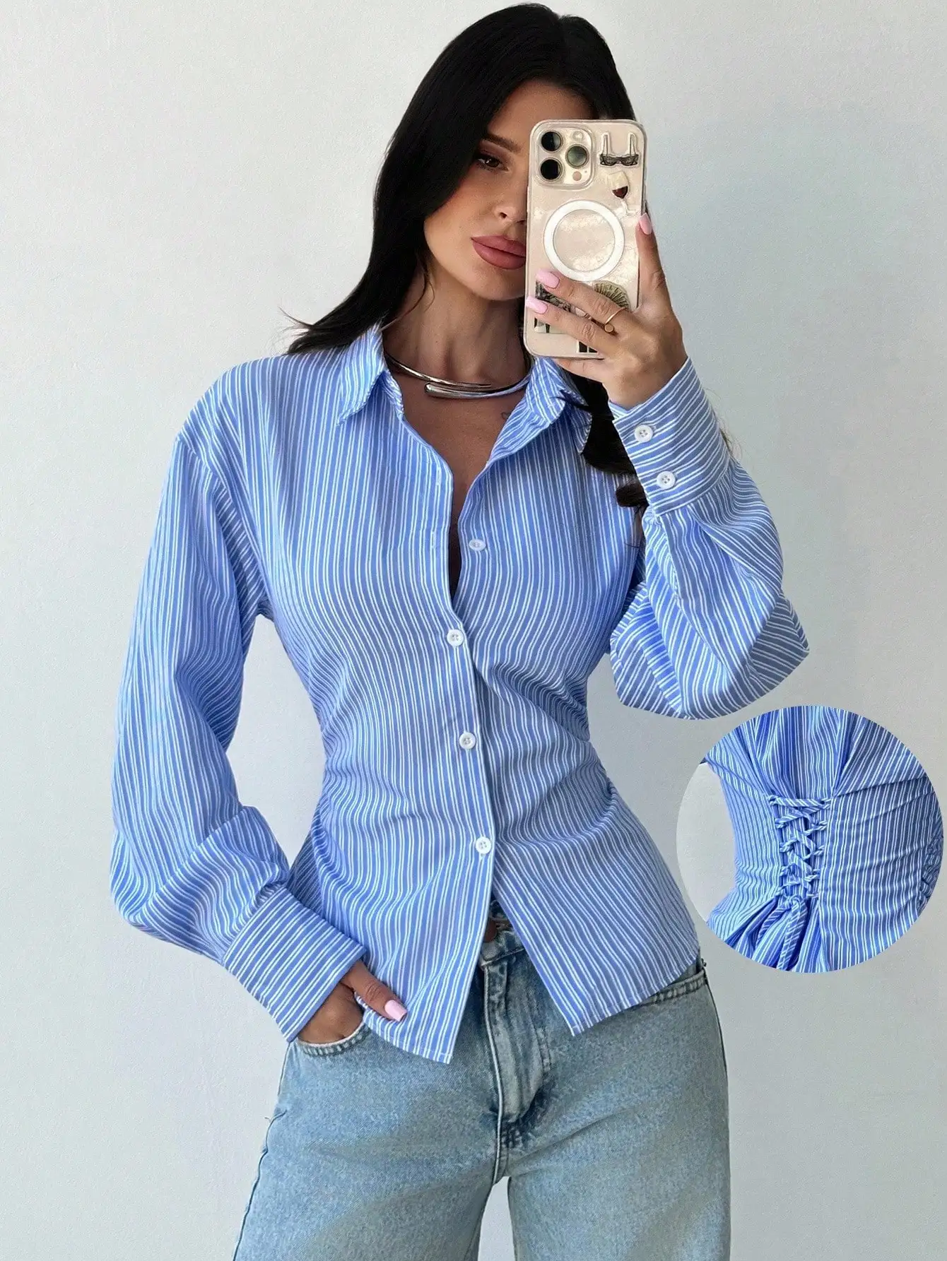

Women Blue And White Striped Long Sleeve Shirt With Lace-Up Back Casual Blouse