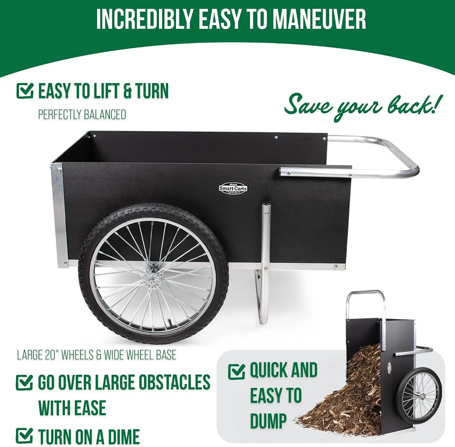 Gardener Cart, 7 CF Capacity, Large 20-Inch Wheels for Effortless Maneuvering, Rustproof Aluminum Frame That Is Strong and Lightweight