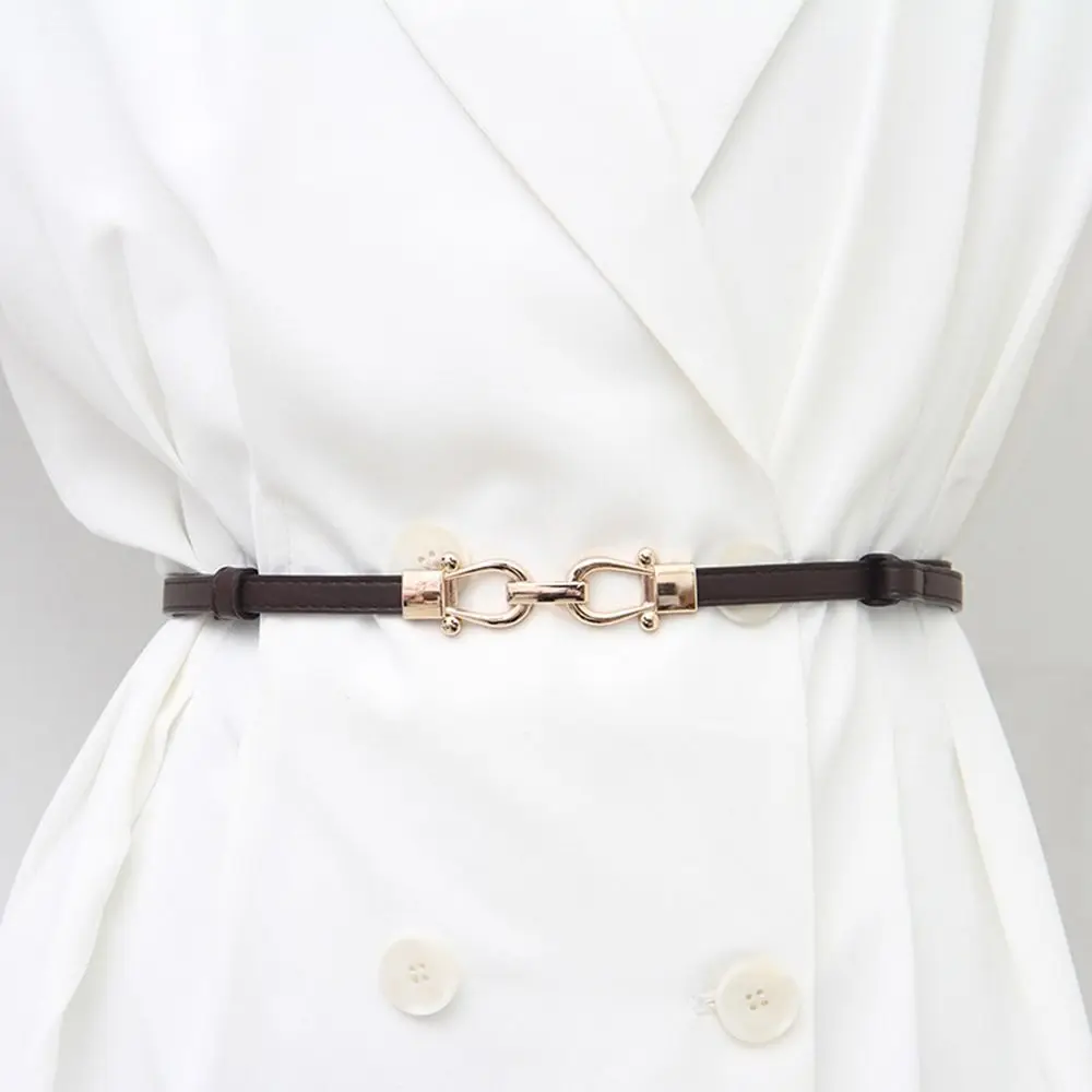 Cinturón de cuero PU Ins para mujer, cinturón fino ajustable con hebilla de aleación de Zinc, pretina delgada
