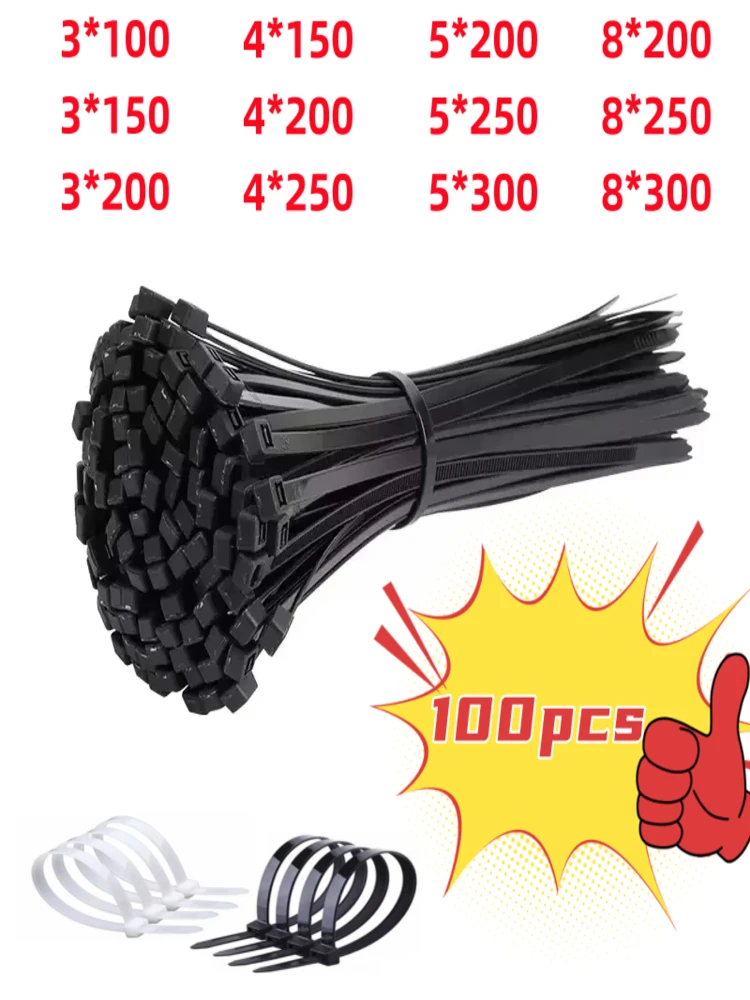 100 STUKS Zelfsluitende Plastic Nylon Tie Zwarte Bevestigingsband Kabelbinder-Set Kabel Zip Tie Bevestigingsring Zip Wraps Strap Tie - afbeelding 2