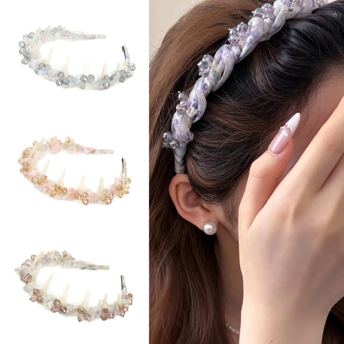 Luxury Toothed Headband Fashion Diamond Beads Headwear Sweet Hair Hoop Hair Bands Women Party Wedding Bride Bridesmaid Headdress