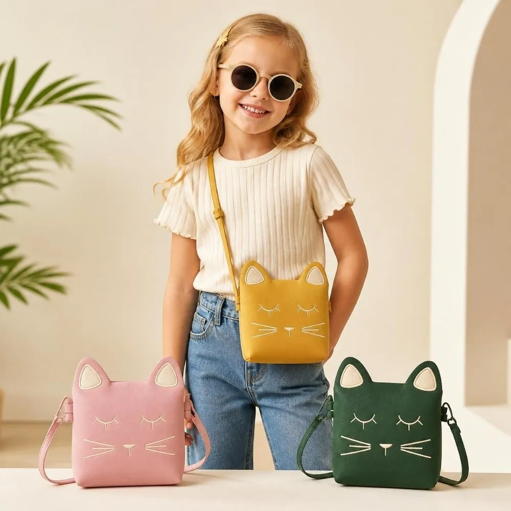 Lovely Mini Crossbody Bag Cat Pattern Frosted Leather Shoulder Bag Large Capacity Messenger Bag Girl Children