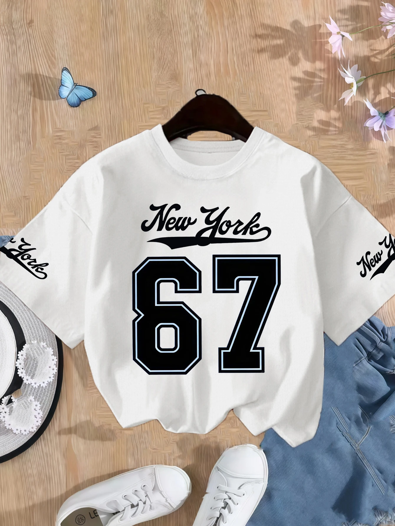 

Girls' Number 67 New York Print Summer Short-Sleeve Pure Cotton T-Shirt Pink Elastic Round Neck Children's Top Fashion Design