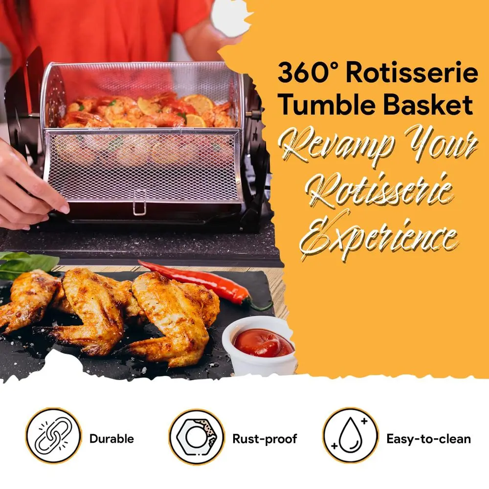 

Cordless Rotisserie Kit w Tumble Basket Stainless Steel, NonElectric For Grills, Ovens, Smokers Gas Charcoal BBQ, Kamado Jo -HOT