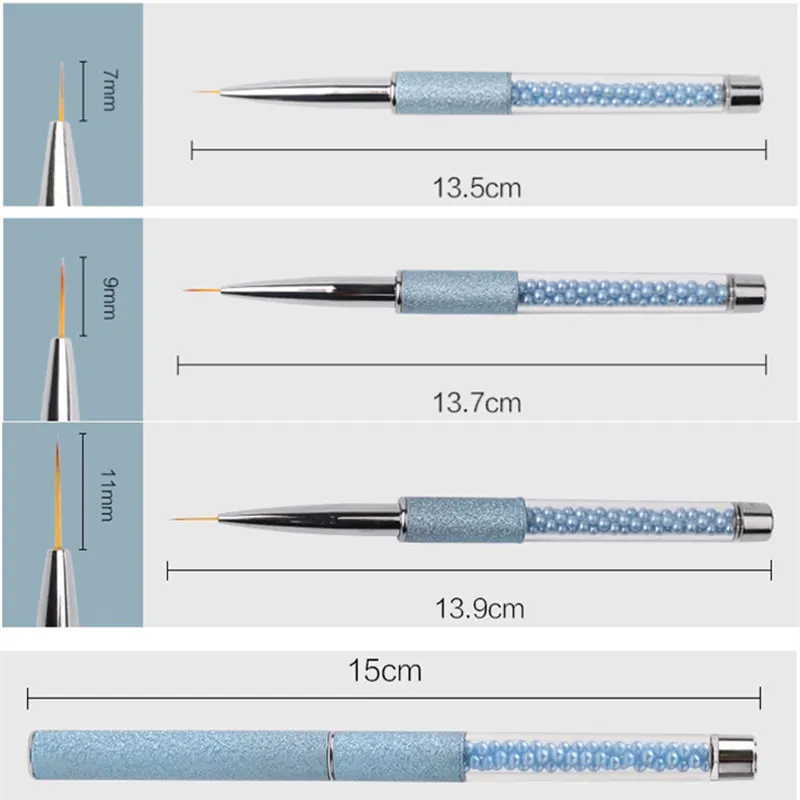 Linea di arte del chiodo pennelli per pittura pennello con manico in strass blu fodera sottile penna da disegno Gel UV Manicure strumenti per unghie 5/7/9/12mm