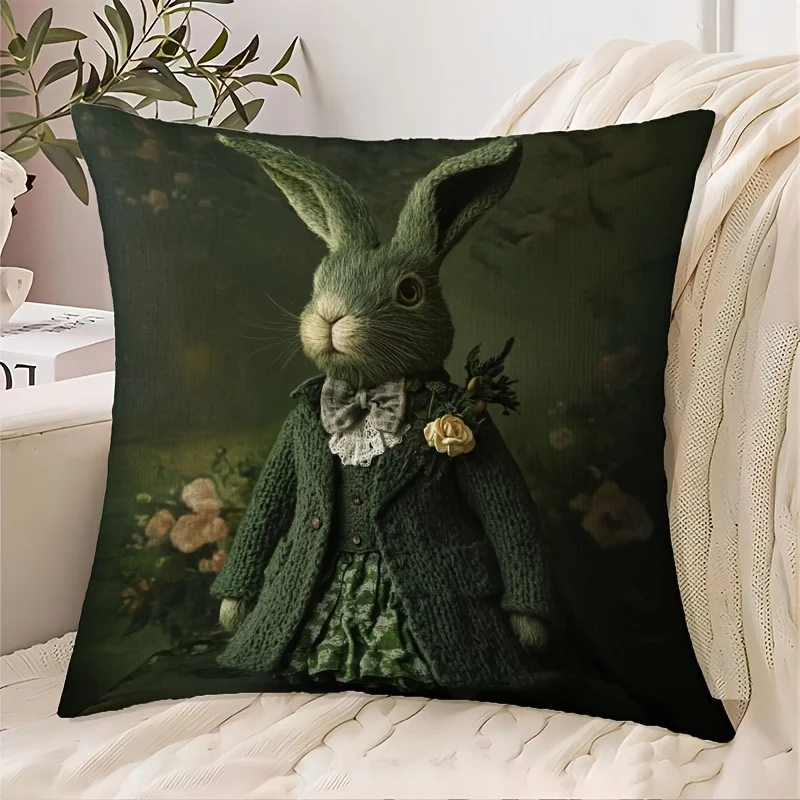 Vintage Green Bunny Rabbit Easter Pillow Cover Victorian Style Floral Decor Soft Cozy for Sofa Couch Bed Living Room