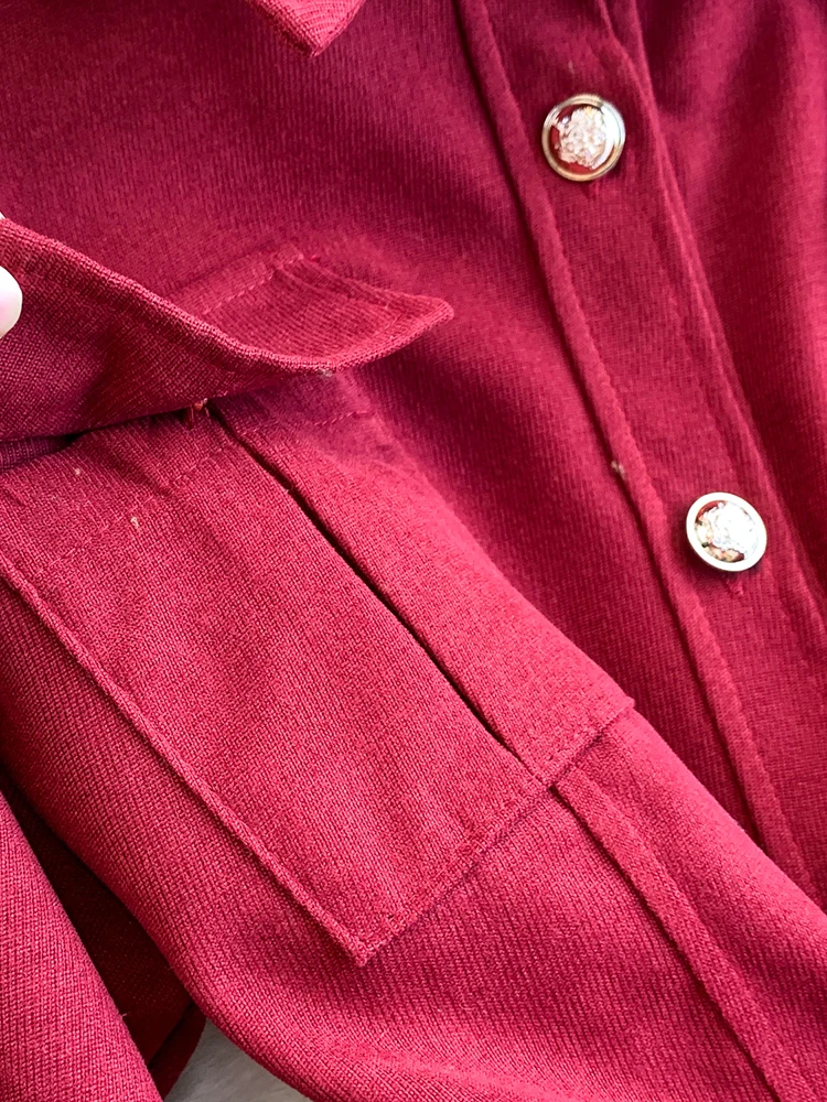 여성 셔츠 드레스 겨울 프렌치 스타일 라펠 긴 소매 코듀로이 메탈 버클 벨트 대형 스윙 미드 길이 드레스 DS237