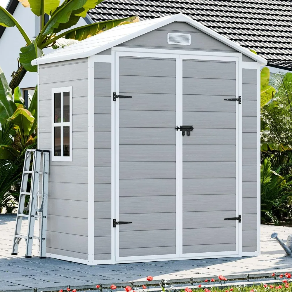 Storage Shed,6X3Ft Resin Outdoor Storage Shed with Floor & Lockable Doors,All Weather Plastic Lean to Shed with Window and Vents