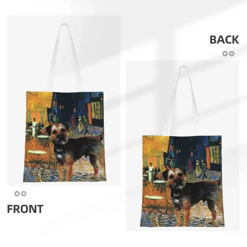 Border Terrier Art Cafe Terrace At Night Grocery Shopping Tote Bag Women Funny Van Gogh Dog Canvas Shopper Shoulder Bag Handbag