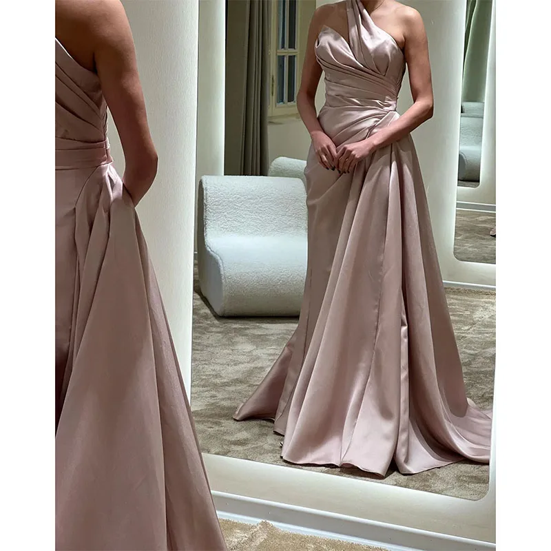 Sexy Pink Evening Dresses One Shoulder Party Prom Pleats Formal Long Dress For Red Carpet Special Occasions