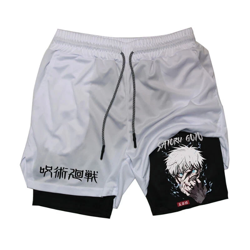 Jujutsu Kaisen أنيمي 2 في 1 السراويل الرياضية تشغيل التدريب اللياقة البدنية التجفيف السريع تنفس السراويل مريحة ضيق الرجال النساء