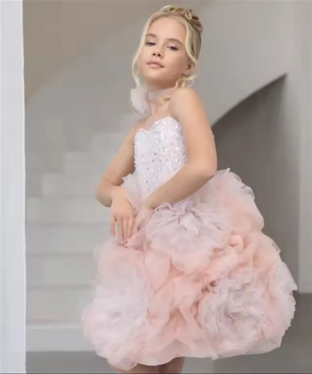 

Cute Pink Flower Girl Wedding Dress Sequined Tiered Strapless Sleeveless Princess Birthday Party Pageant Ball Gown Customized