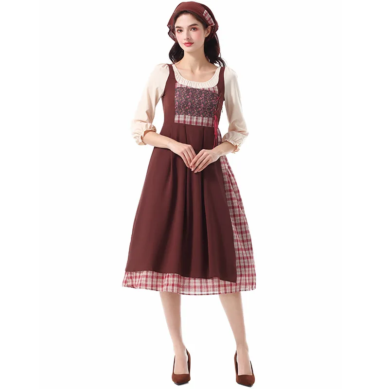 

Halloween Dress Women Plaid Floral Outfit Countryside Stage Performance Costume Girl Vintage Cottage Core Cosplay Party Gown