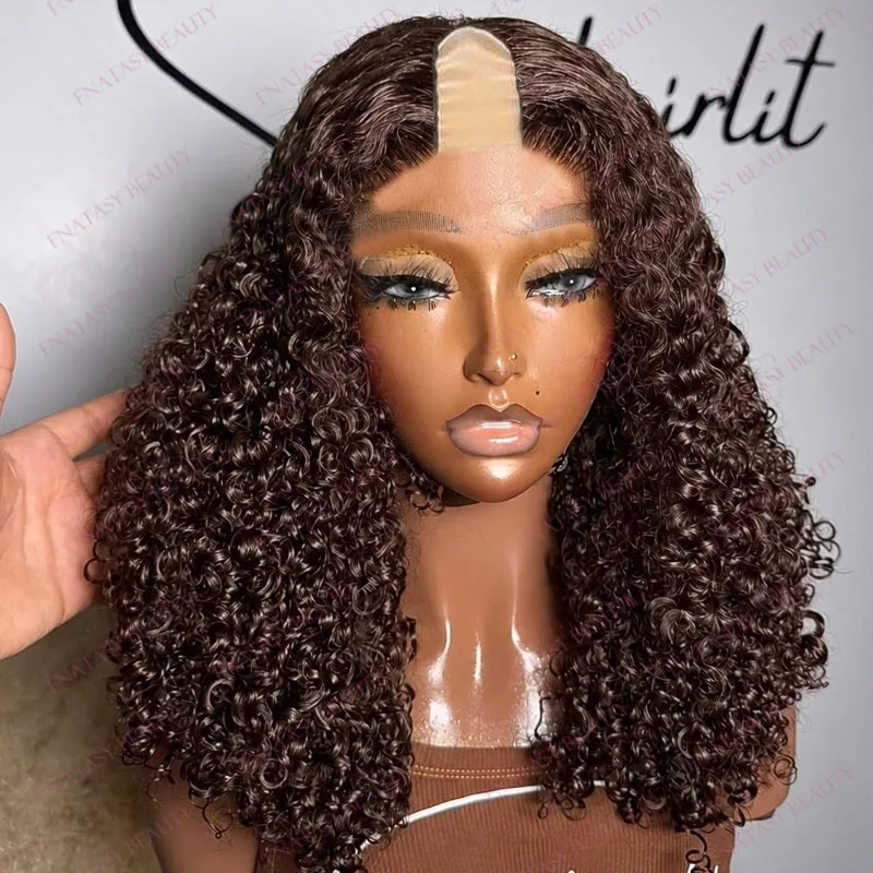 Chocolate Brown 1x4 Adjustable U Part 100% Human Hair Kinky Curly Wigs for Black Women 200Density Glueless V Part Wigs Full Ends