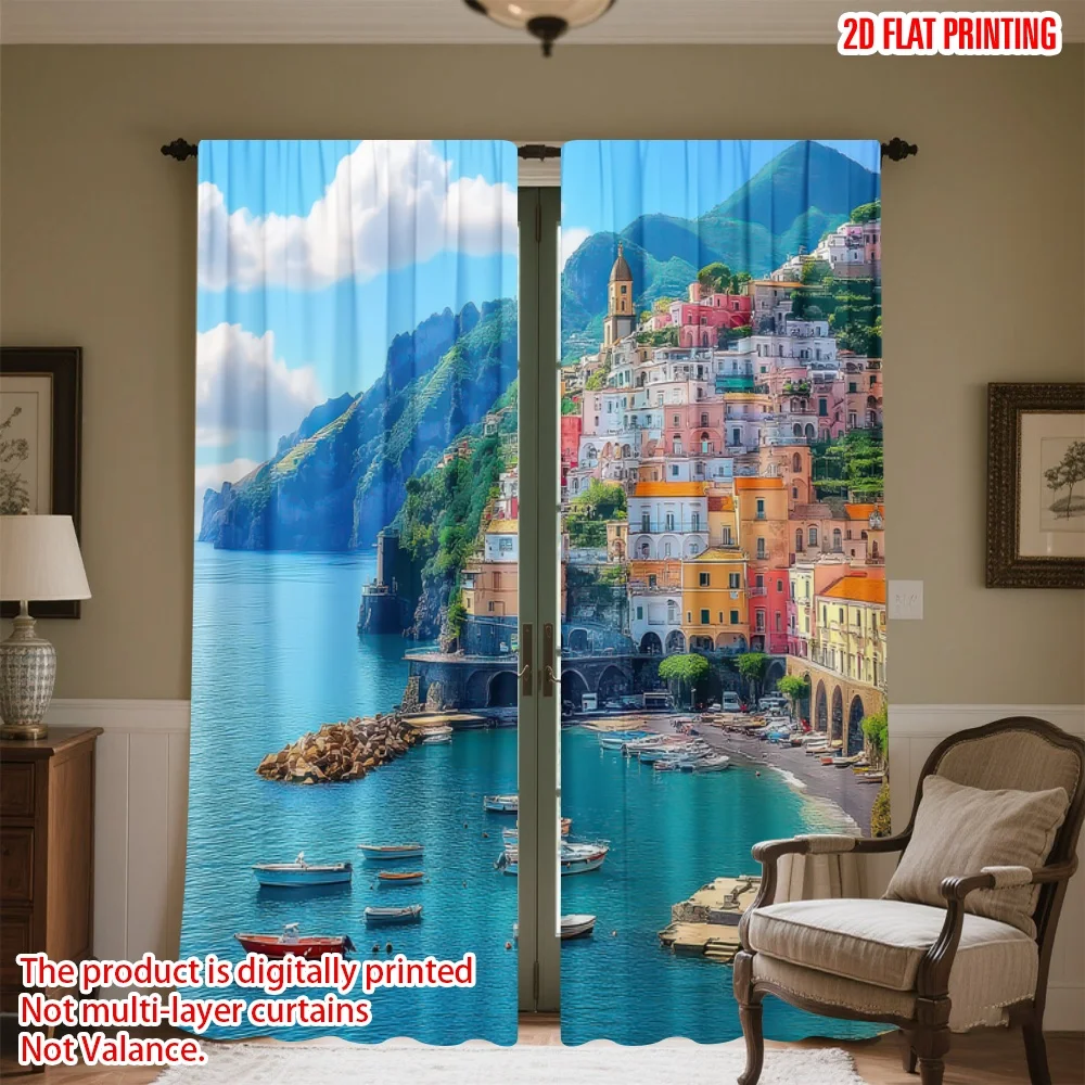 

2D flat printing 2pcs Window Treatment Curtains Colorful Coastal Village Digital Printed Polyester Drapes Birthday Party Use for