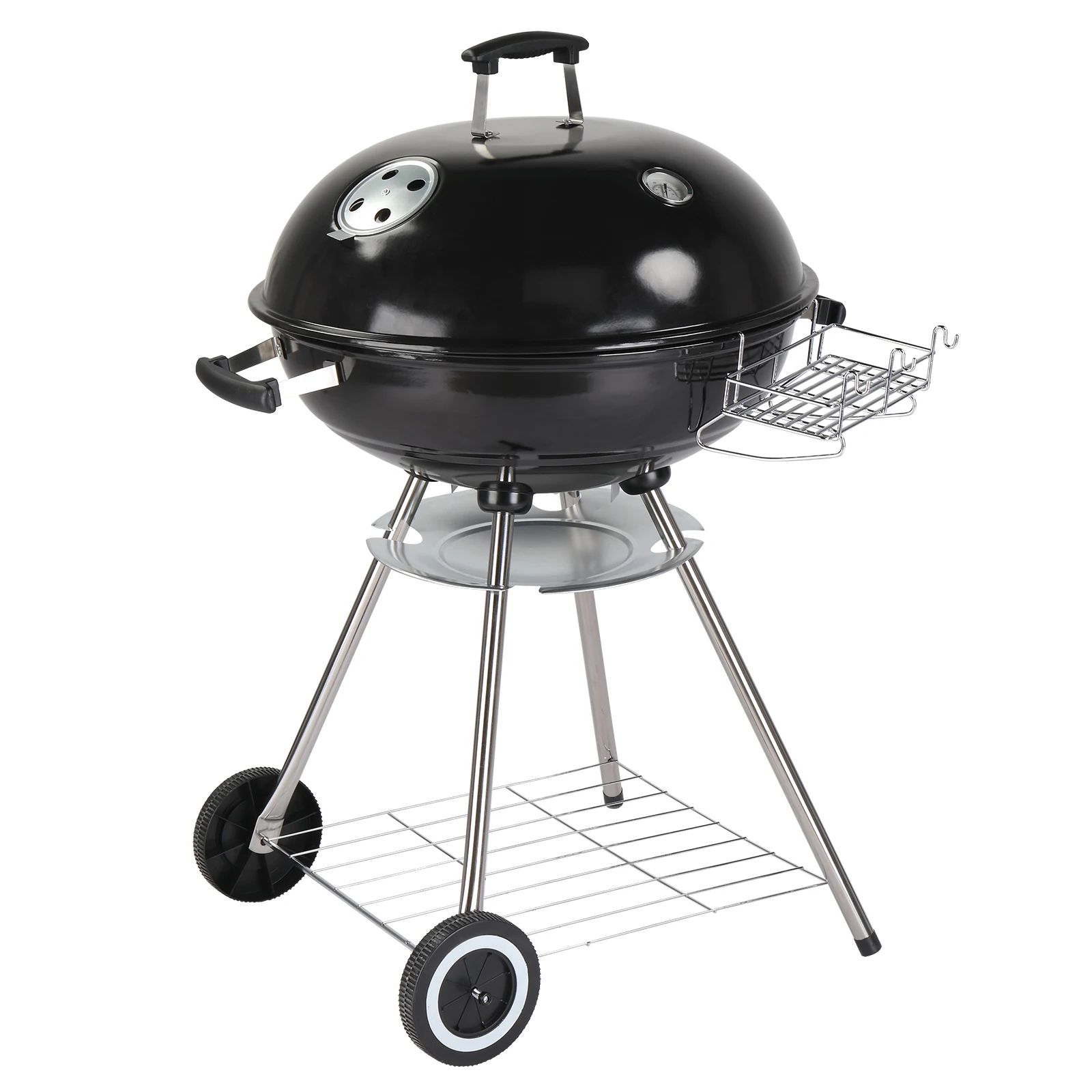 

28-Inch Portable Charcoal Grill with Wheels and Storage Holder, Porcelain-Enameled Lid and Ash Catcher & Thermometer