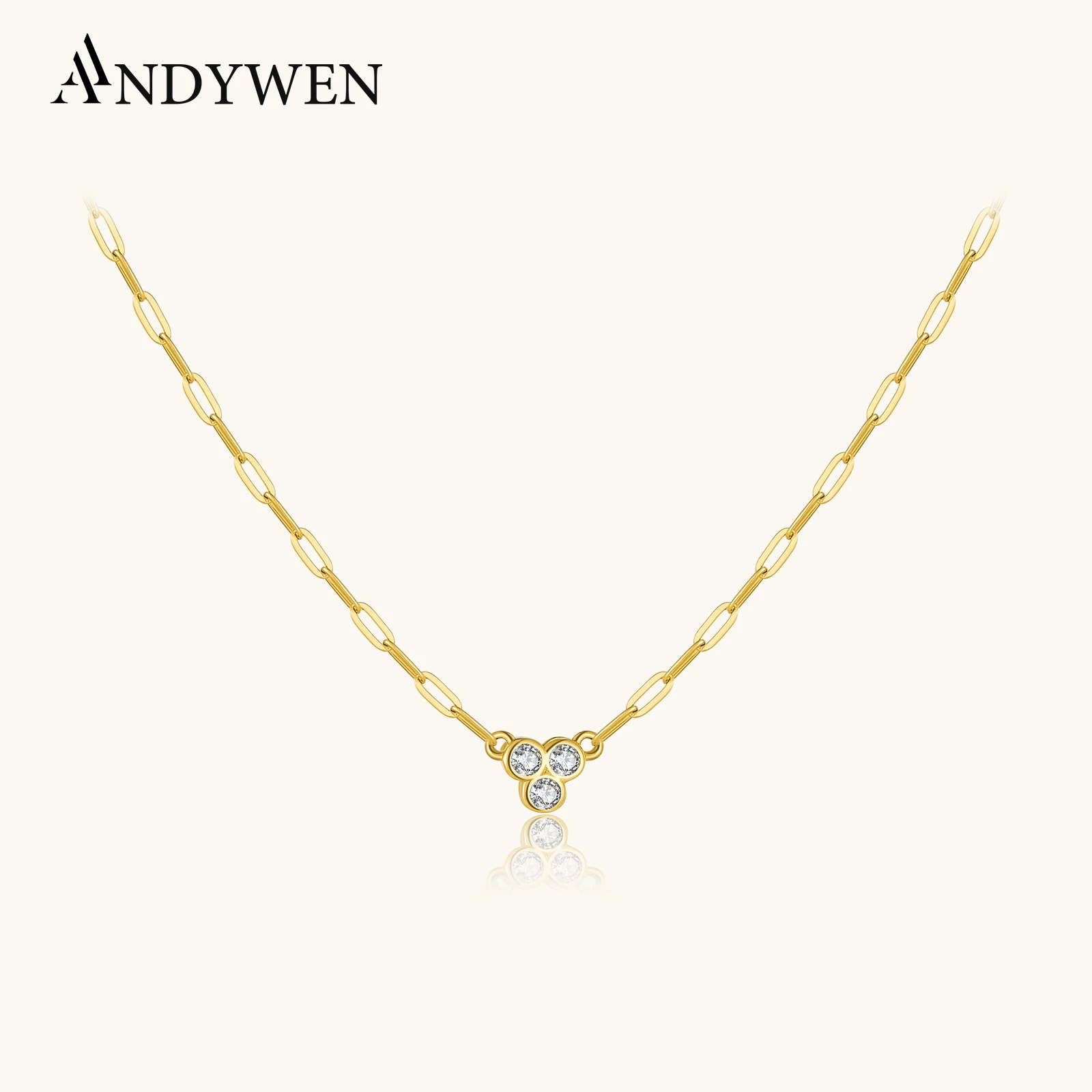

ANDYWEN 925 Sterling Silver Geometric 3 Round Zircon CZ Necklace Paperclip Chain, Minimalist Dainty Everyday Women Gift
