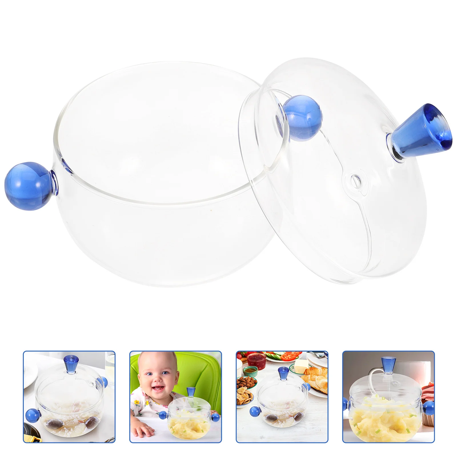 

Clear Glass Stew Bowl 350ml Double Handle Pot Leakproof Lid Kitchen Cooking Pot Soup Serving Bowl Transparent
