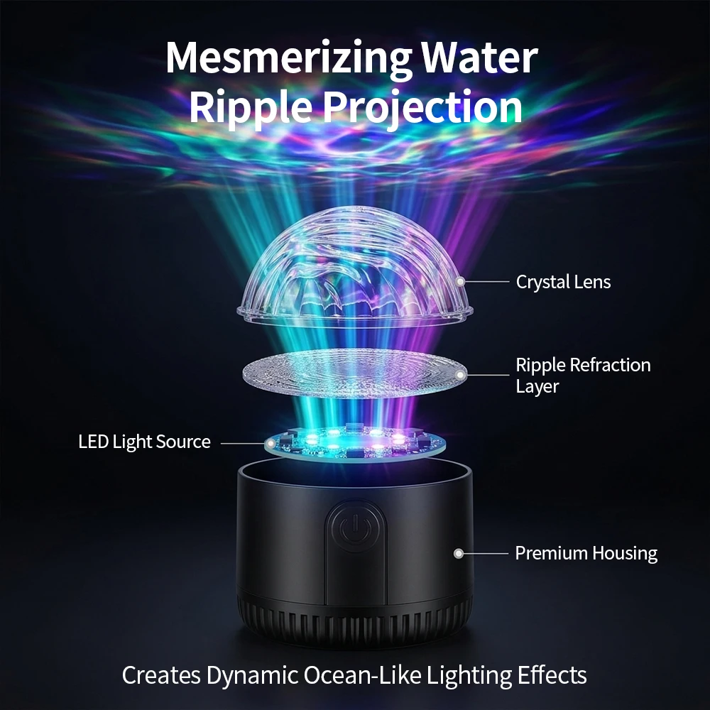 Dynamic Colorful Water Ripple Galaxy Projector Lamp 16 Color Ambient Night Light Breathing Mode Bedroom Party Decor Lighting