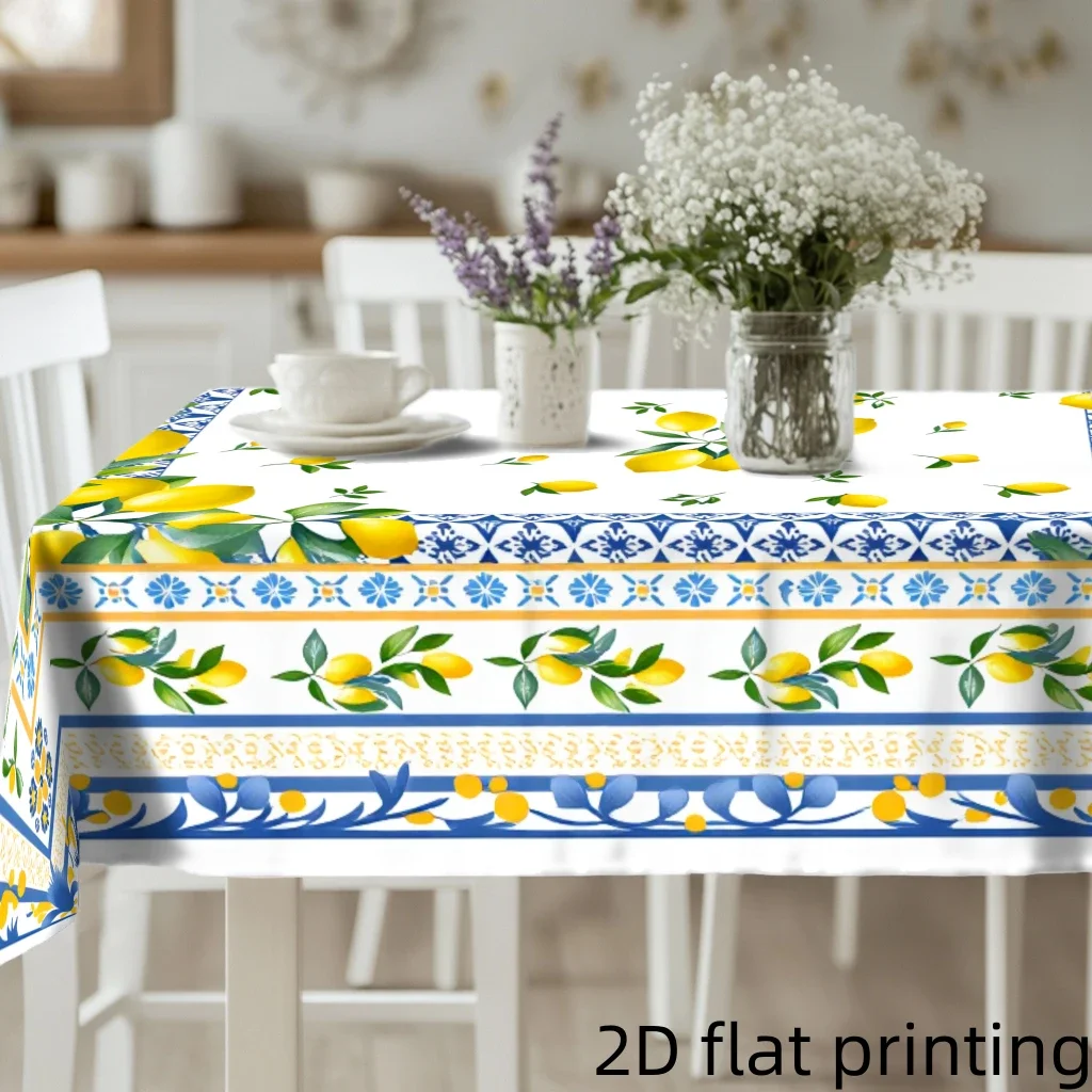1pc Lemon Print Tablecloth White Yellow Fruit Pattern Table Cover For Dining Kitchen Party Dustproof Oilproof Decorative Use