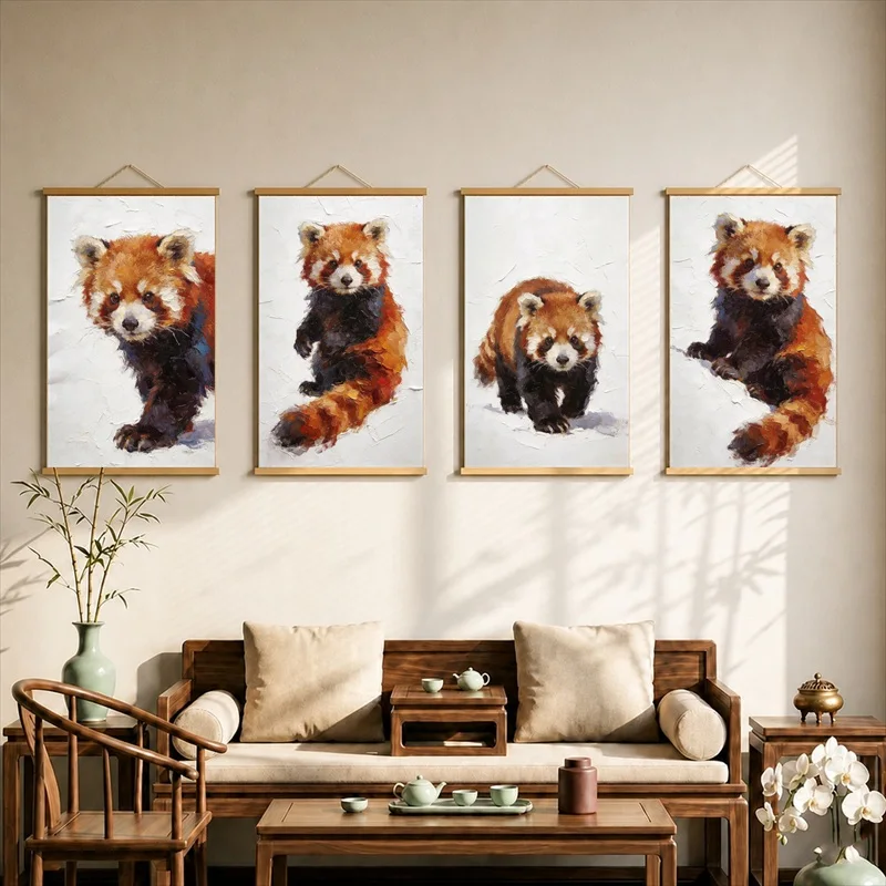 Kawaii Room Decor Playful Red Pandas in Soft Watercolor, Cute Wildlife Pearlescent Canvas Hanging Scroll for Childrens Bedroom